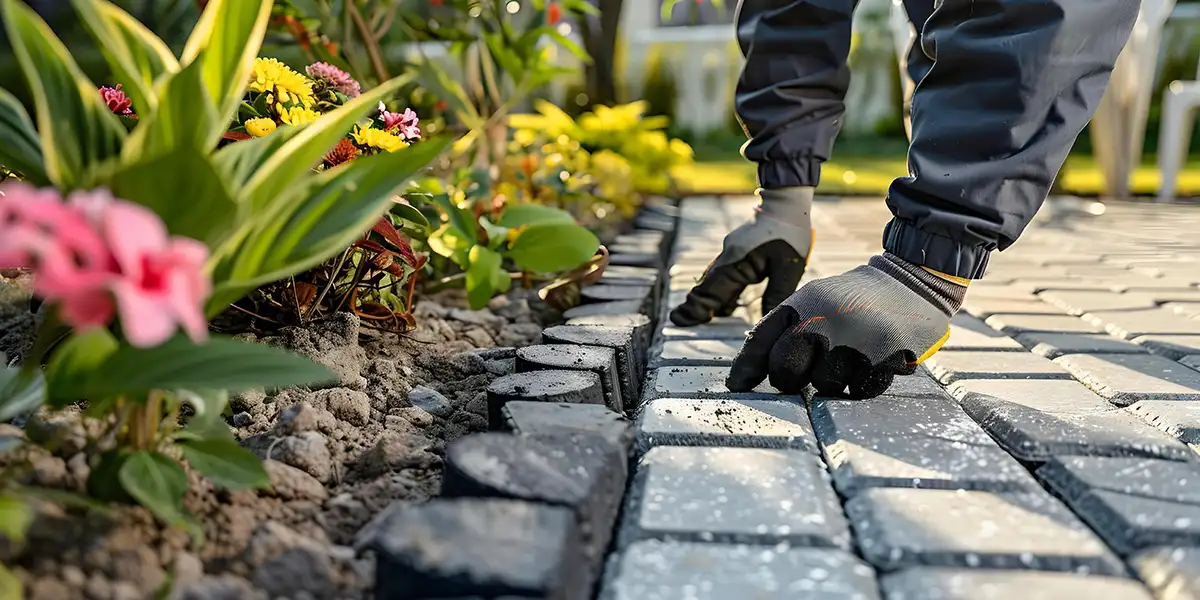 Person arbeitet an gepflasterten Weg aus Ziegelsteinen